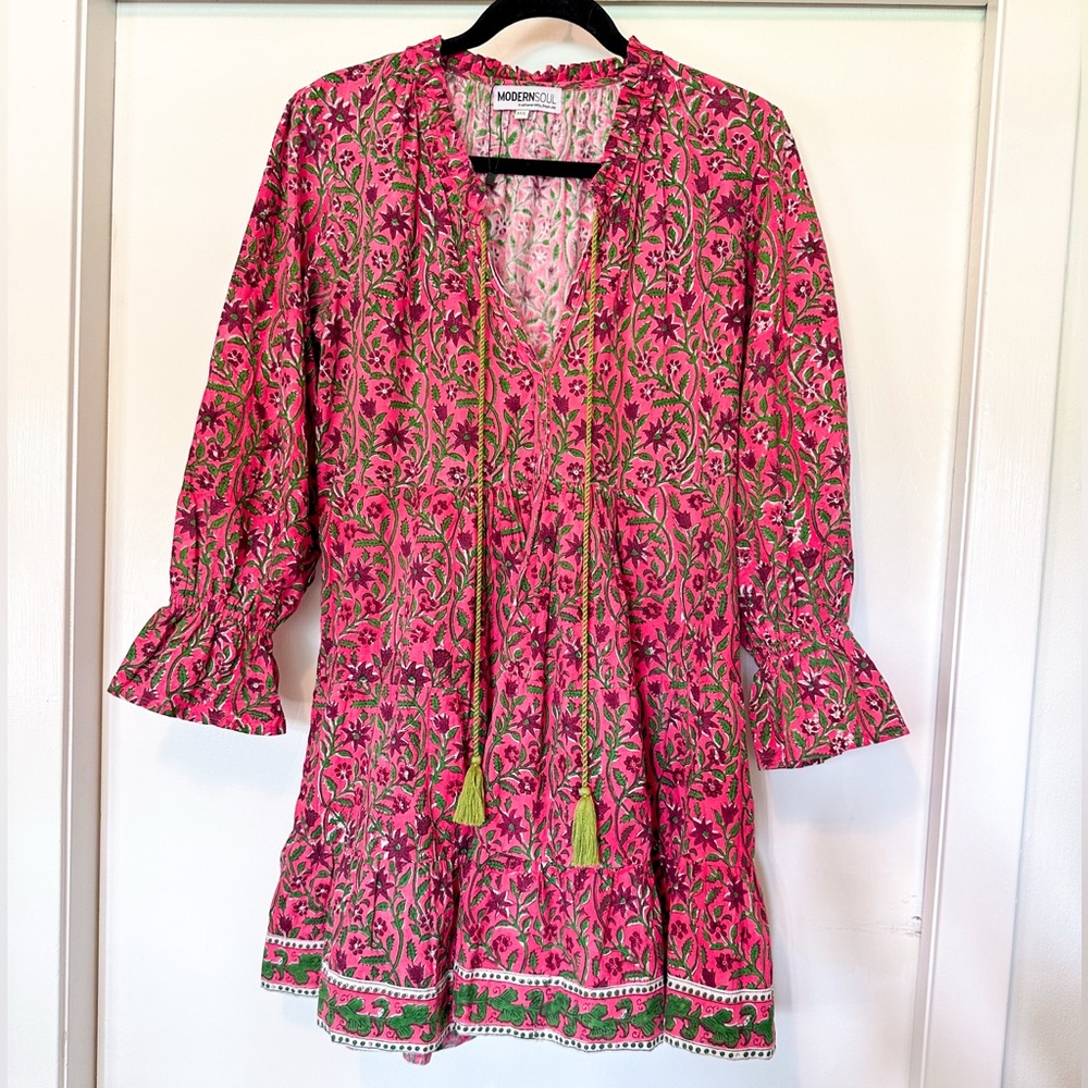Modern Soul Vibrant Block Print Boho Pink & Green Floral Dress Size M/L